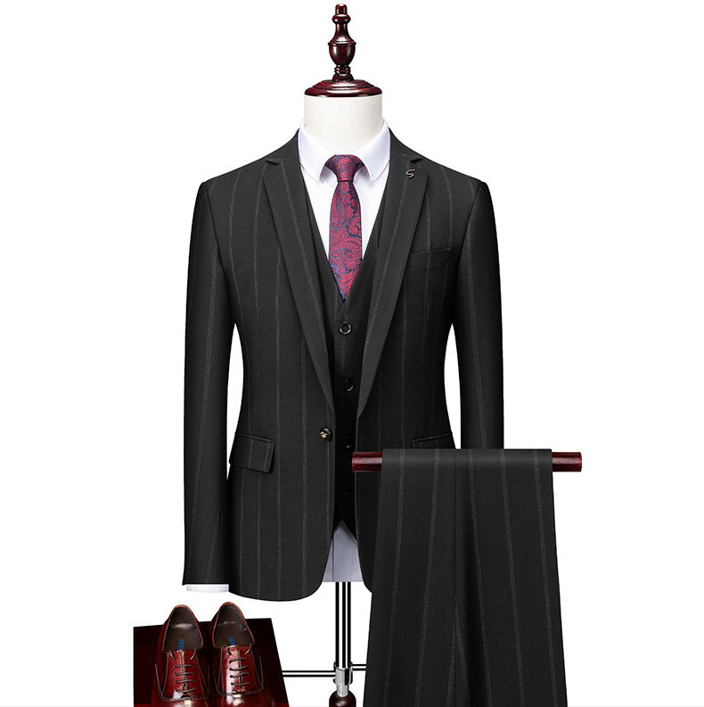 Men's Three-Piece Striped Formal Suit — Blazer, Vest, and Trousers