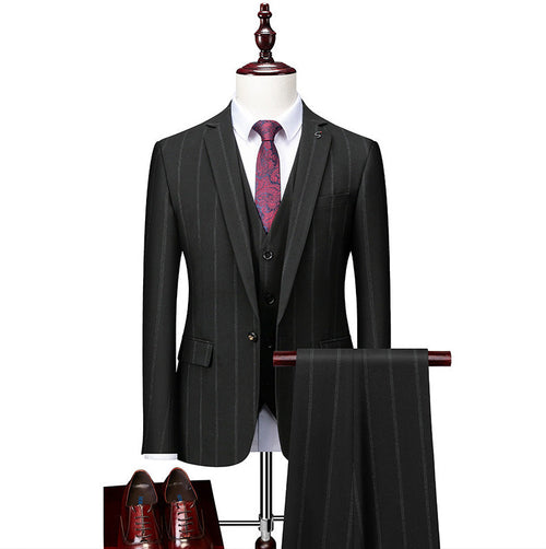 Men's Three-Piece Striped Formal Suit — Blazer, Vest, and Trousers