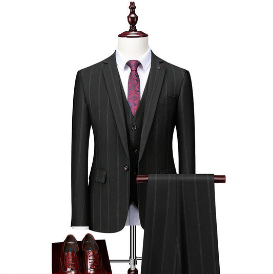 Men's Three-Piece Striped Formal Suit — Blazer, Vest, and Trousers