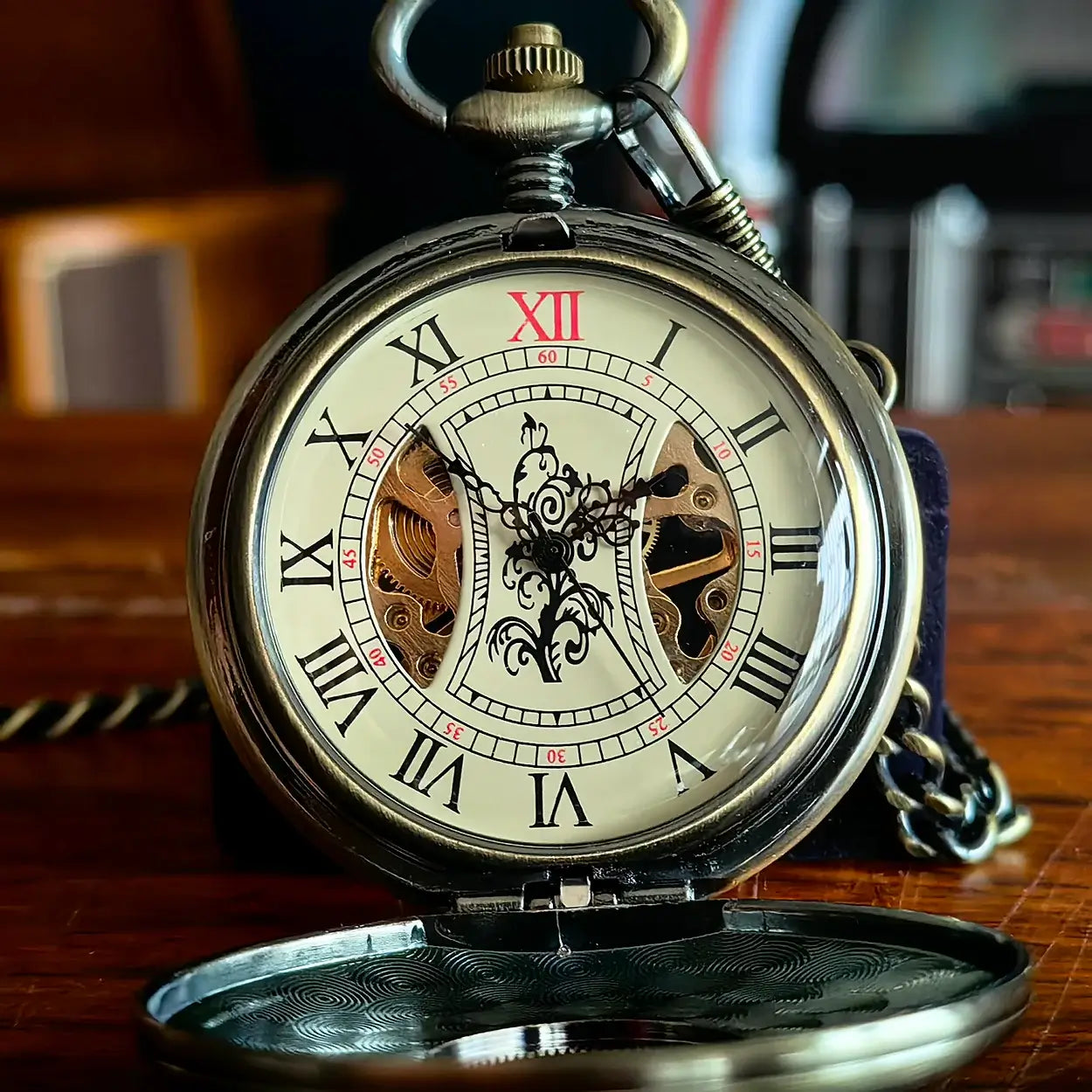 Classic Vintage Half Hunter Bronze Wooden Skeleton Mechanical Pocket Watch