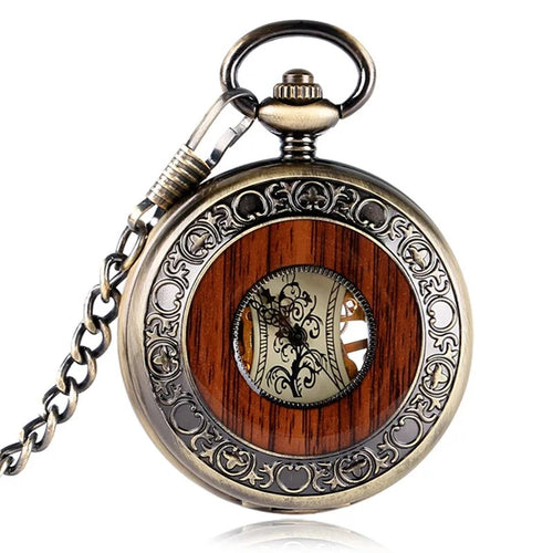 Classic Vintage Half Hunter Bronze Wooden Skeleton Mechanical Pocket Watch