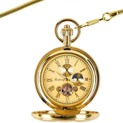 Classic Double-Open Tourbillon Manual Pocket Watch – Vintage Brass Enamel Mechanical Timepiece