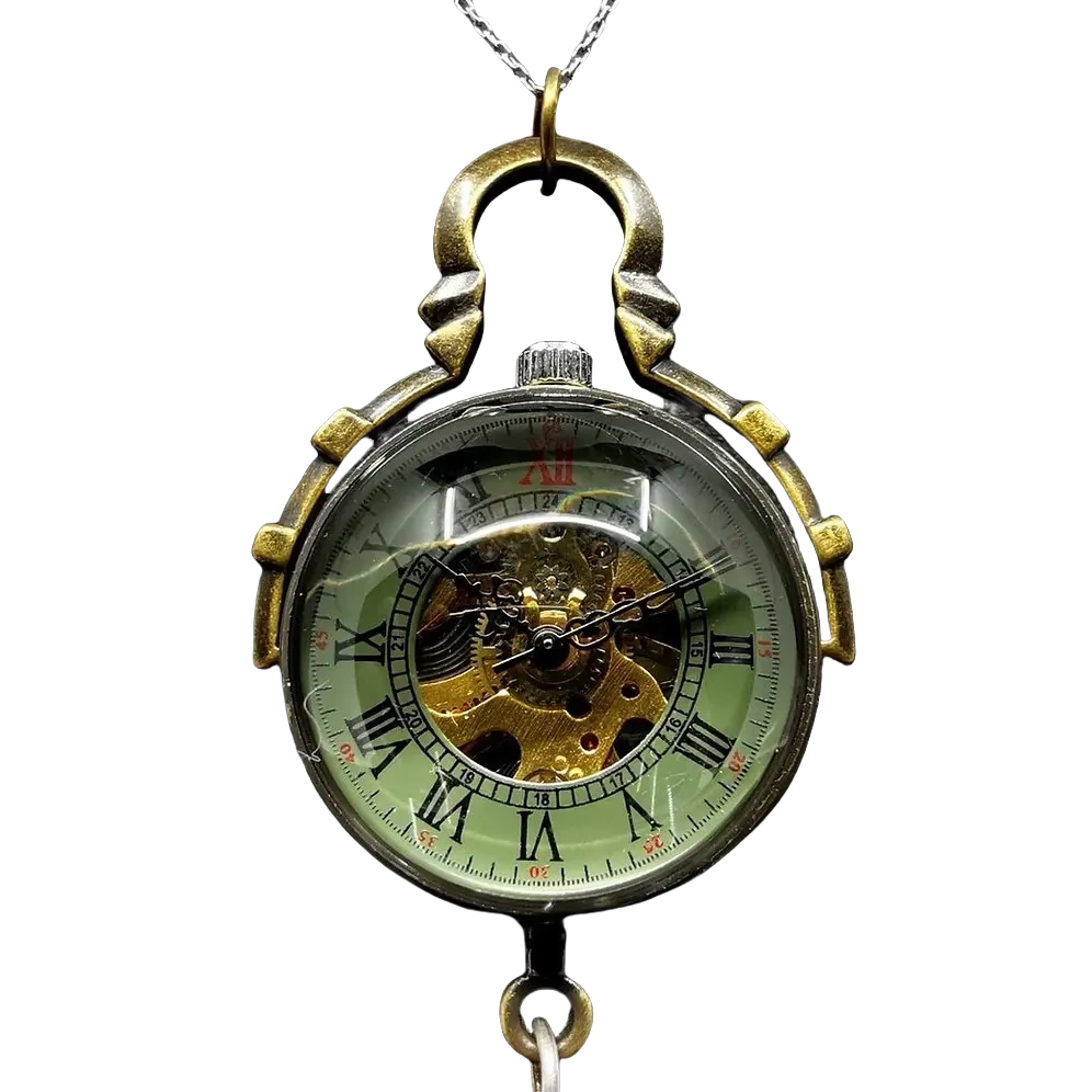 Leather strap small brass mechanical watch - openwork pendant necklace