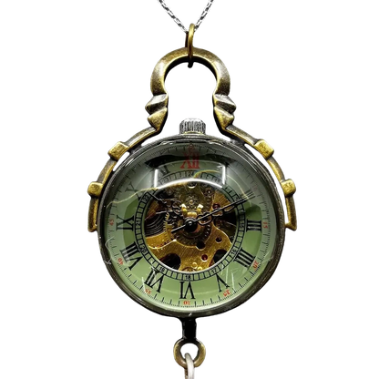 Leather strap small brass mechanical watch - openwork pendant necklace