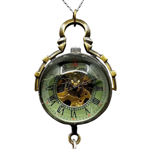 Leather strap small brass mechanical watch - openwork pendant necklace