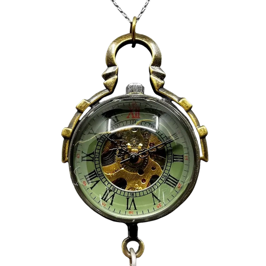Leather strap small brass mechanical watch - openwork pendant necklace