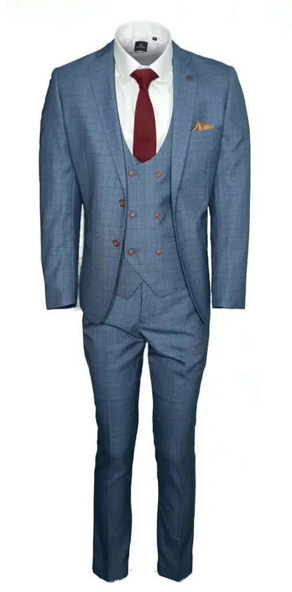 Light Blue Check 3-Piece Suit – Slim Fit Men’s Wedding & Business Attire