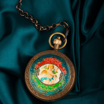 Vintage Brass Mechanical Pocket Watch with 5-Hand Moon Phase Display—Double-Open Exquisite Engraving Design