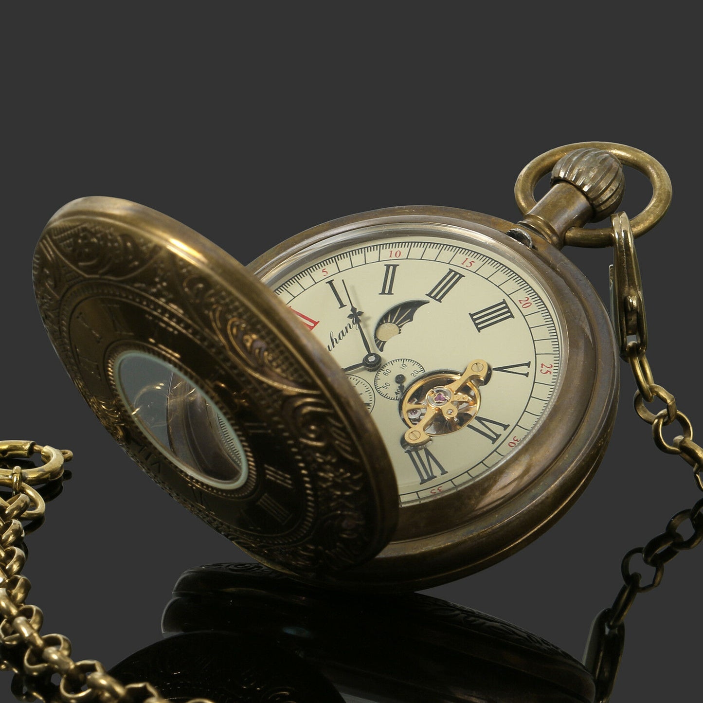 Vintage Men’s 5-Hand Flying Tourbillon Moon Phase Pure Copper Mechanical Pocket Watch