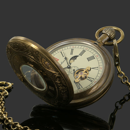 Vintage Men’s 5-Hand Flying Tourbillon Moon Phase Pure Copper Mechanical Pocket Watch