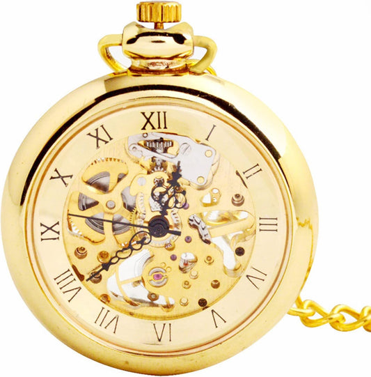 Gold Victorian-Style Roman Numeral Dial Mechanical Chain Pocket Watch