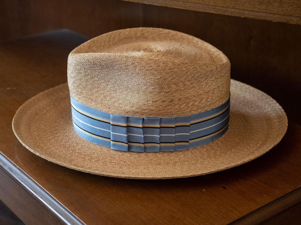 Blue Striped Bow | Natural Panama Hat