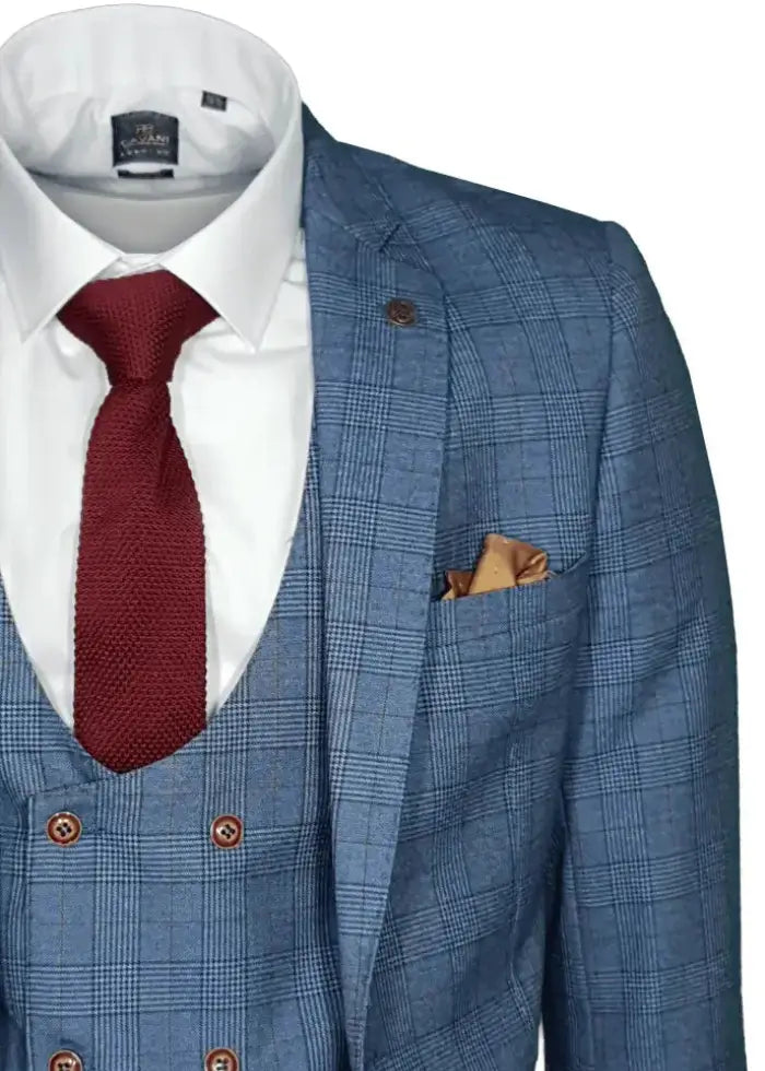 Light Blue Check 3-Piece Suit – Slim Fit Men’s Wedding & Business Attire