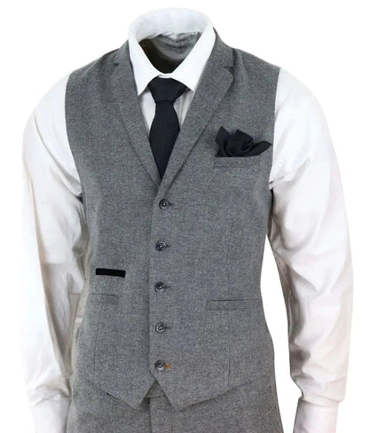 Grey Tweed 3-Piece Suit for Men – Vintage Formal Attire with Waistcoat