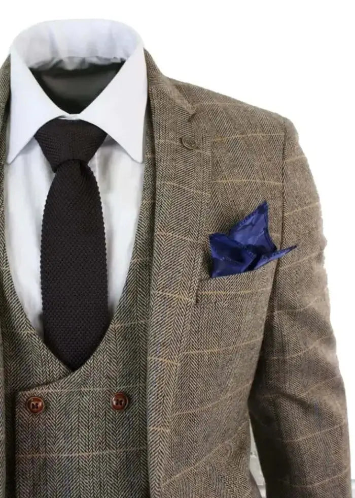 Brown Herringbone Tweed 3-Piece Suit – Double-Breasted 1920s Inspired Style