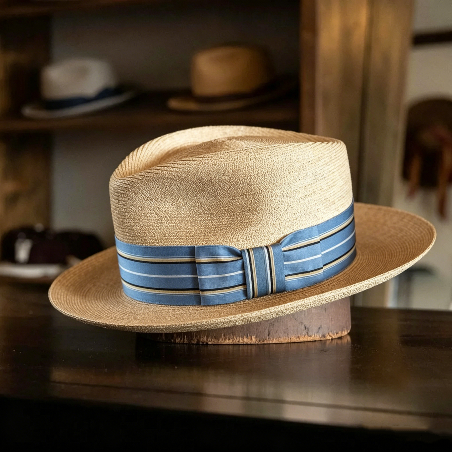 Blue Striped Bow | Natural Panama Hat