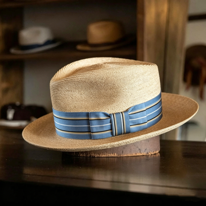 Blue Striped Bow | Natural Panama Hat