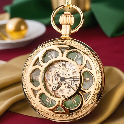 Vintage Mechanical Brass Pocket Watch. Emerald Dial. Double-Sided Tourbillon with Snake Chain Design. Steampunk Case.