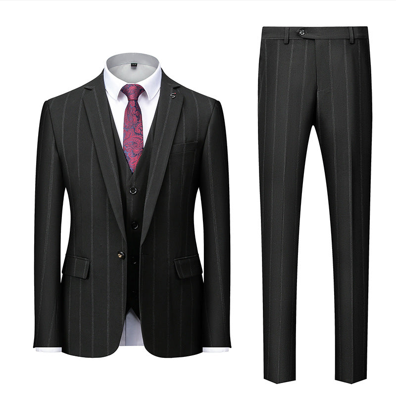 Men's Three-Piece Striped Formal Suit — Blazer, Vest, and Trousers