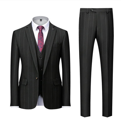 Men's Three-Piece Striped Formal Suit — Blazer, Vest, and Trousers