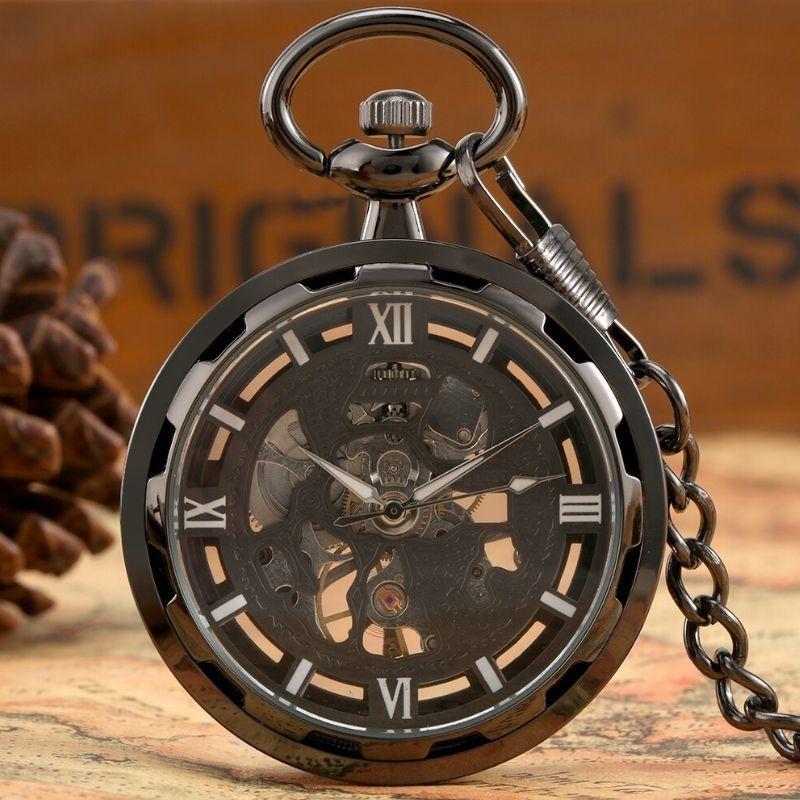 Black Skeleton Pocket Watch